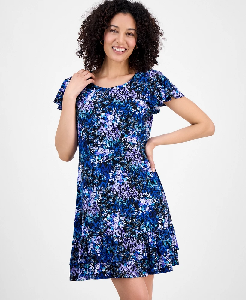 Connected Petite Printed Scoop-Neck Flutter-Sleeve Shift Dress