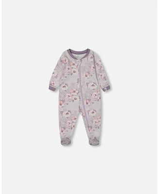 Deux par Deux Baby Girls Printed Cotton One-Piece Pajama Pale Pink Flowers On Neutral Lilac
