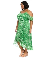 London Times Plus Size Printed Cold-Shoulder Ruffle Dress