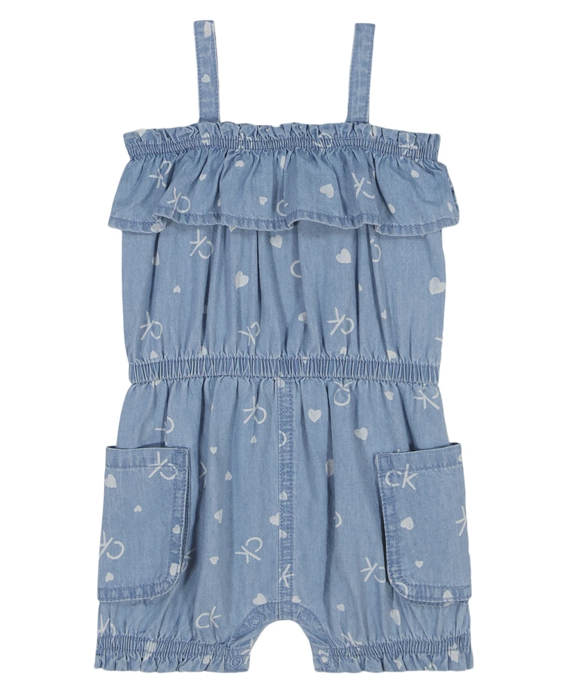Calvin Klein Baby Girls Logo Printed Denim Romper
