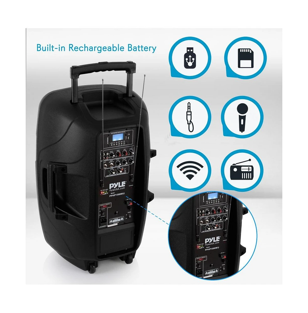 SereneLife 15" Portable Bluetooth Pa Speaker with Dual Wireless Mics, 1600W