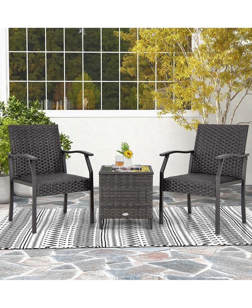 Gymax 3 Piece Patio Weather Resistant Conversation Set Wicker Chair w/ Quick Dry Foam Tempered Glass Table