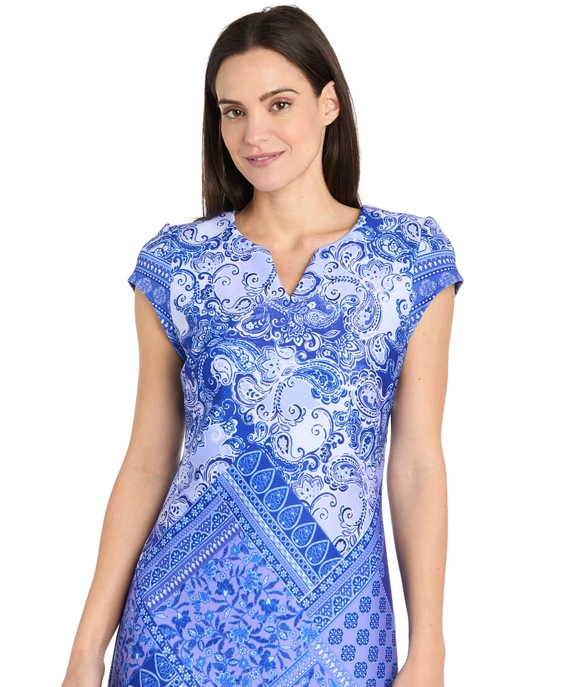 R & M Richards Petite Printed Split-Neck Cap-Sleeve Dress