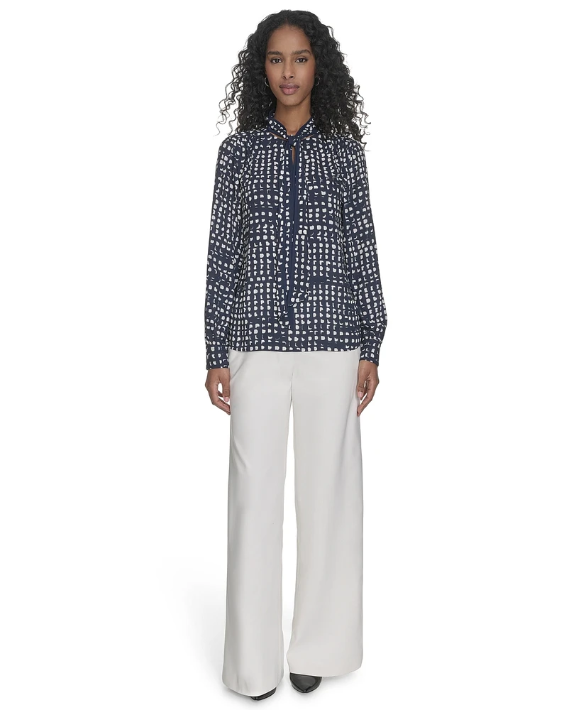 Calvin Klein Petite Printed Long Sleeve Tie-Neck Blouse