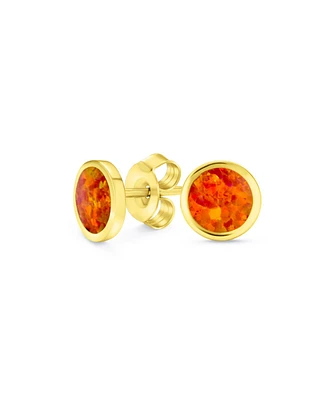 Bling Jewelry Classic Iridescence Bezel Setting Flat Round Circle Created Orange Fire Opal Stud Earrings Gold Plated .925 Sterling Silver Small 5MM