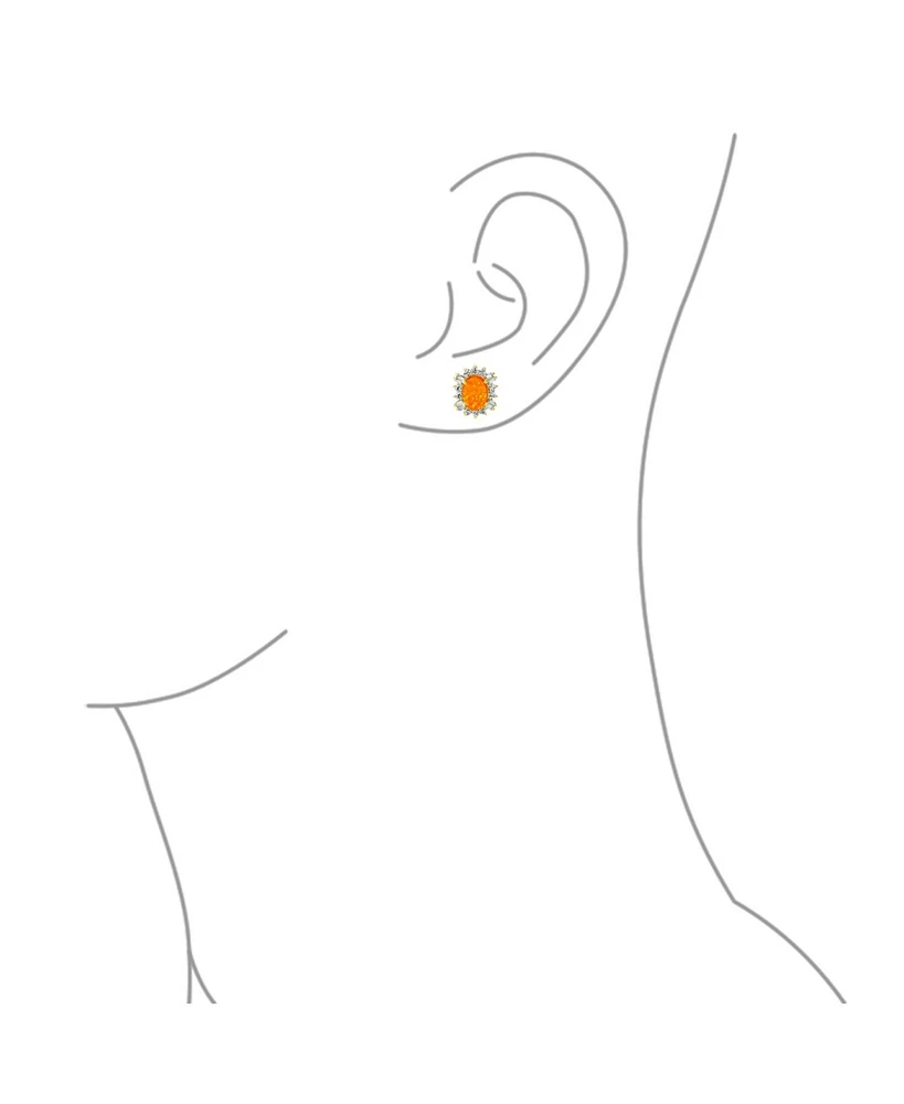 Bling Jewelry Estate Style Oval Created Opal Crown Baguette Halo Cz Stud Earrings .925 Sterling Silver 12MM