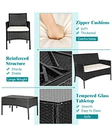 4PCS Patio Rattan Furniture Set Cushioned Sofa Coffee Table
