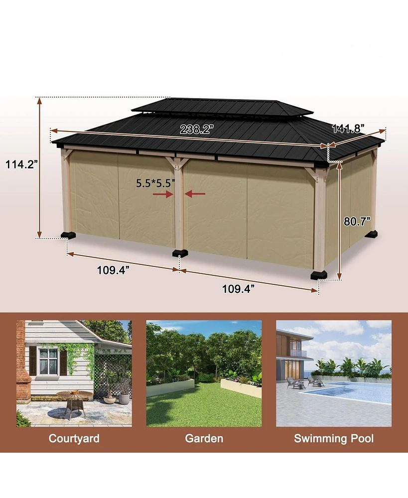 Mondawe 20 ft. x 12 ft Outdoor Fir Solid Wood Frame Patio Gazebo Canopy Tent Shelter with Galvanized Steel Hardtop Pavilion