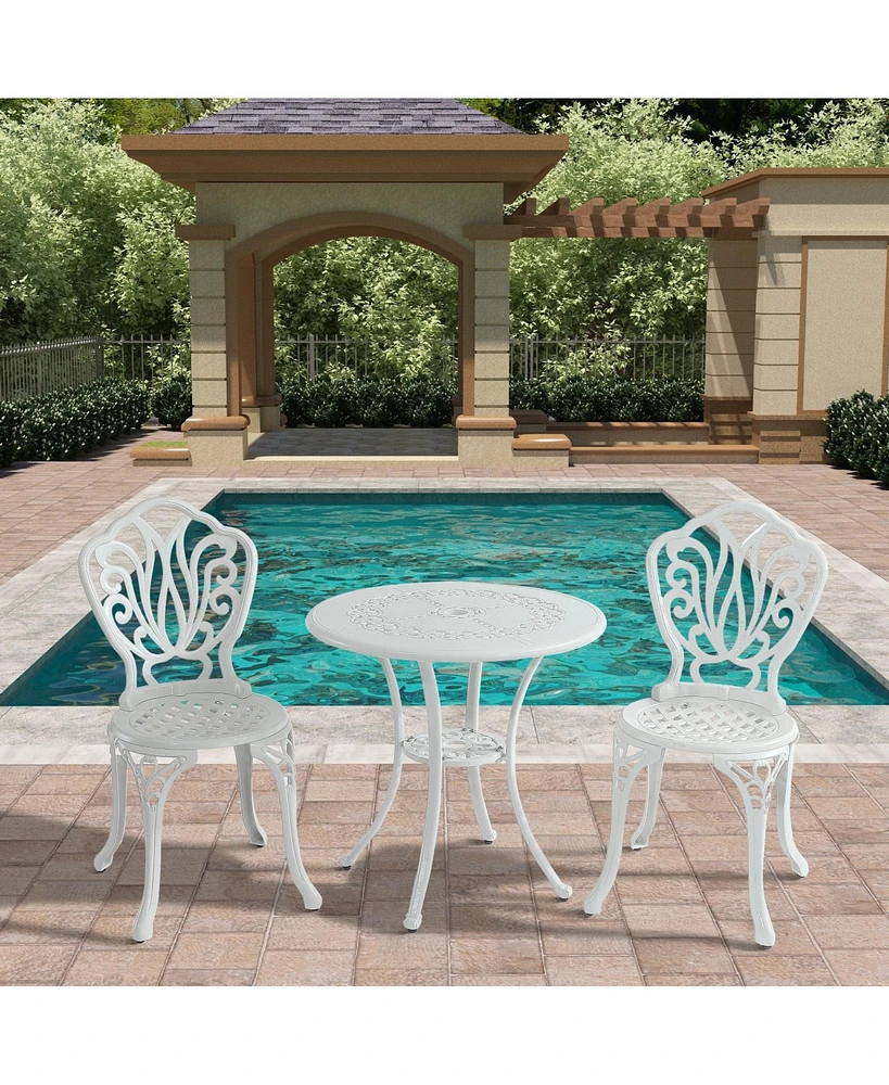 3-Piece Cast Aluminium Patio Bistro Set Outdoor Dining Table and Chairs Patio Bistro Table with Umbrella Hole Patio Bistro Chairs, White