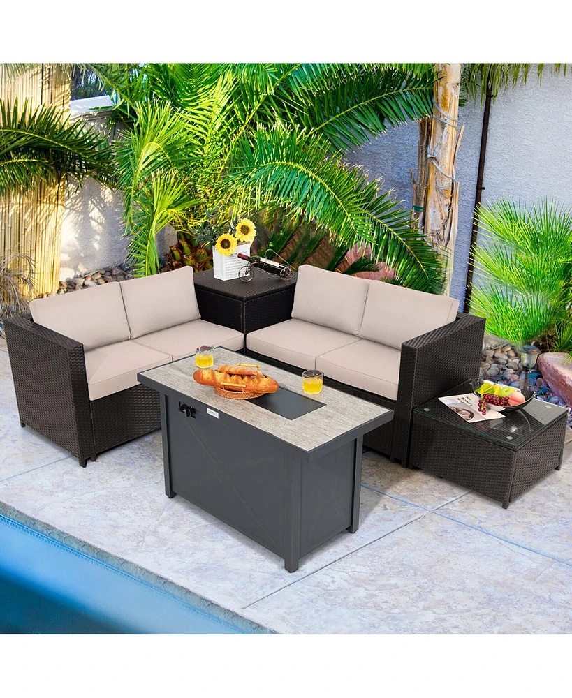 Gymax 5PCS Patio Rattan Furniture Set Fire Pit Table w/ Cover Storage Cushion