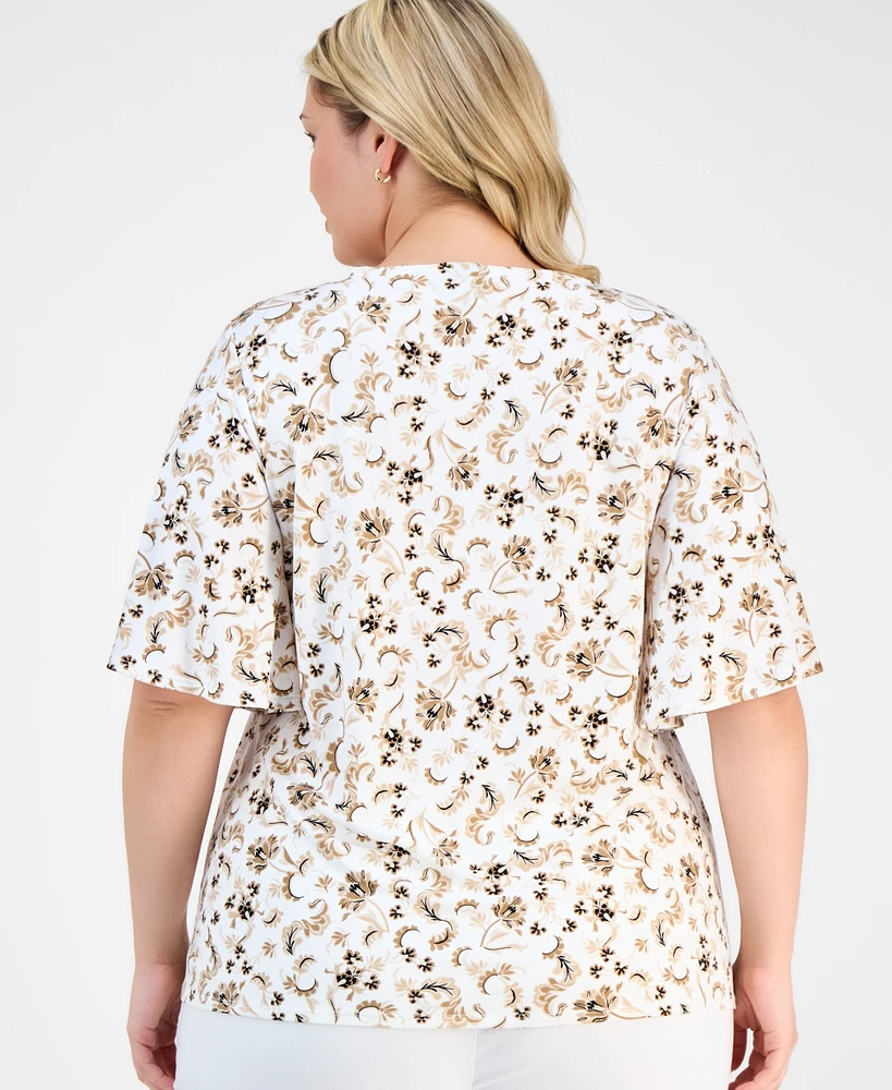 Jm Collection Plus Printed Flutter-Sleeve Top, Exclusively at Macy's