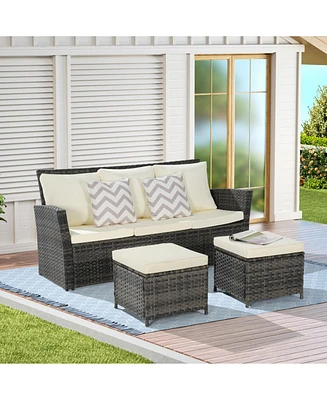 3-Piece Wicker Patio Set, Sofa, Ottomans, All-Weather Rattan