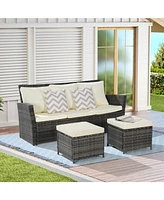 3-Piece Wicker Patio Set, Sofa, Ottomans, All-Weather Rattan