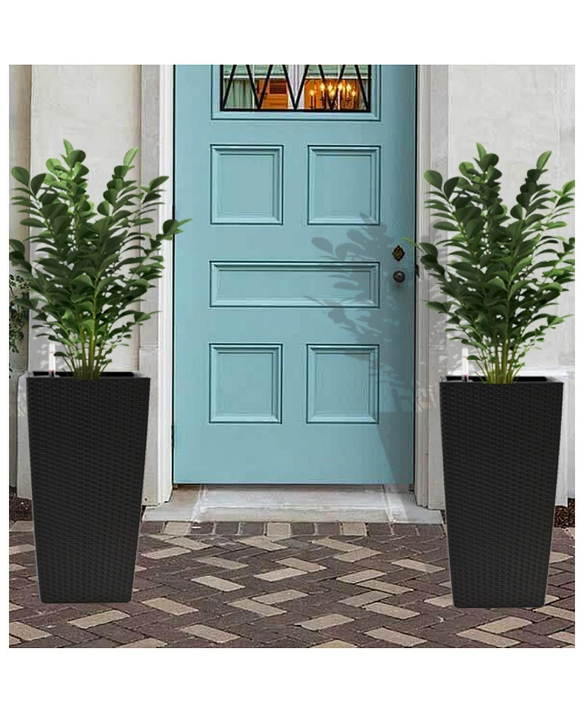 22,6" Black Faux Rattan Square Planter (2-Pack)