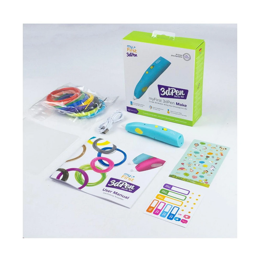 myFirst 3dPen Make (Blue) Multi-Speed Printing Drawing Pen with 6 Colorful Filaments, Stencil Book, and Charger
