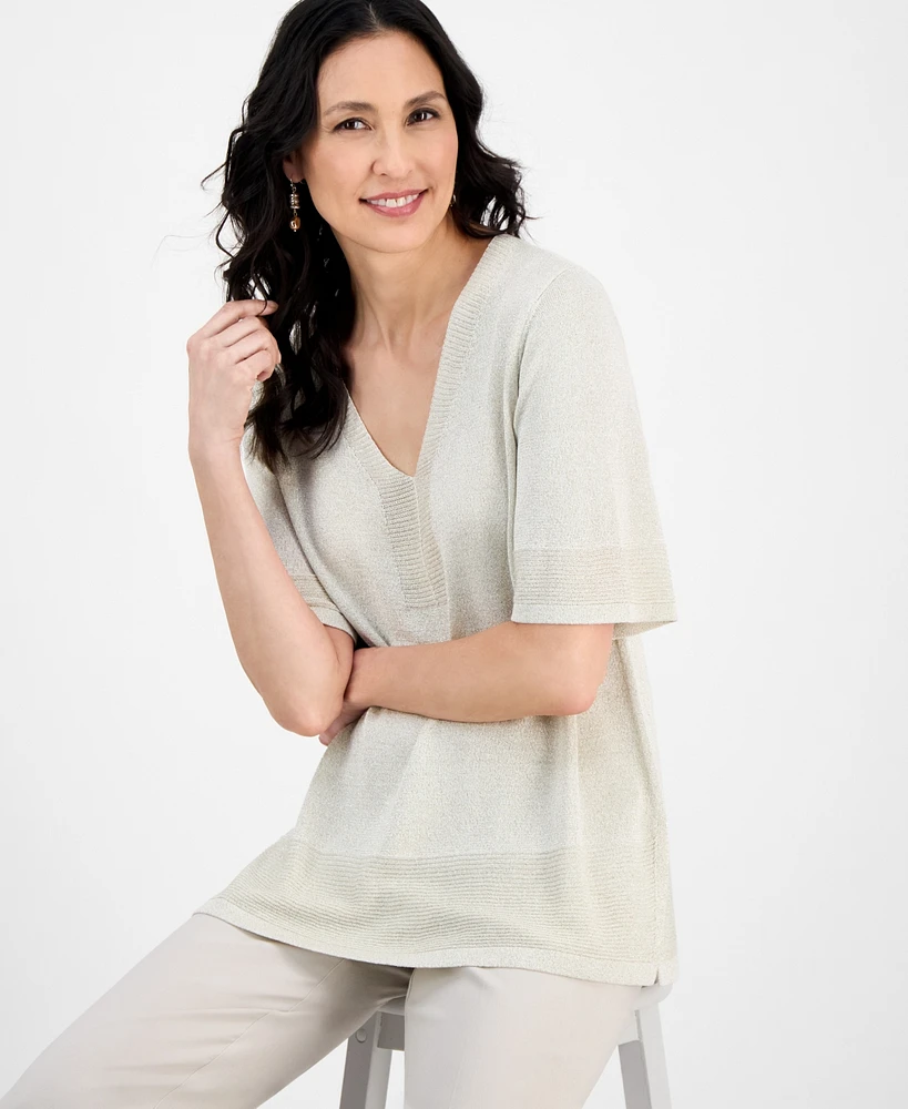 Jm Collection Women's V-Neck Short-Sleeve Lurex Shine Sweater, Exclusively at Macy's