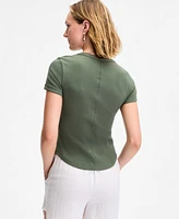 On 34th Women's Roll Cuff Rib-Knit Henley T-Shirt, Exclusively at Macy's