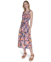 Eliza J Women's Petite Cotton Smocked-Waist Floral-Print Dress