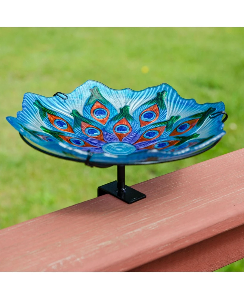 Exquisite Feathers Deck-Mounted/Staked Glass Bird Bath - 11” Diameter - Turquoise