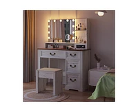 Vlsrka Vanity desk for bedroom with lights, drawers, shelves, stool, and mirror.