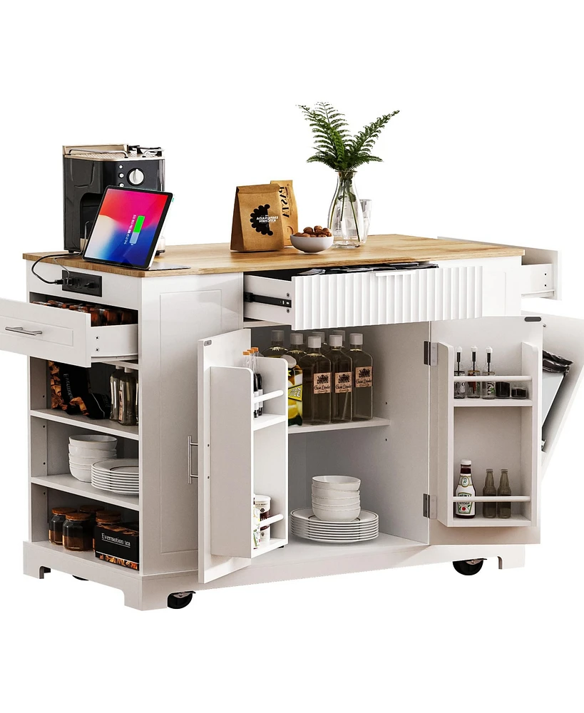 Fluted Kitchen Island with Trash Storage, Outlets, Internal Rack, and Rollers