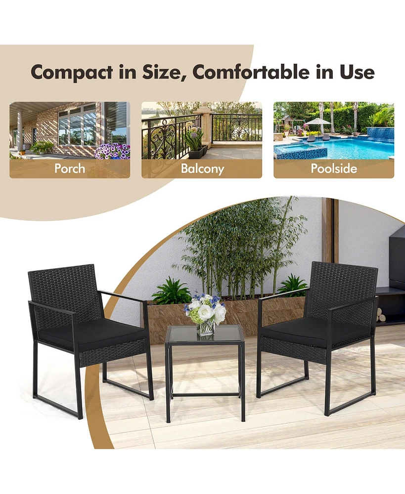 Gymax 3PCS Patio Rattan Pe Wicker Bistro Set Outdoor Furniture Set w/ Table & Cushion