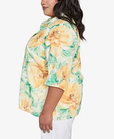 Alfred Dunner Plus Rise and Shine Watercolor Floral Tie Sleeve Button Down Top