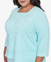 Alfred Dunner Plus Size St. Thomas Asymmetrical Dragonfly Embroidery Top