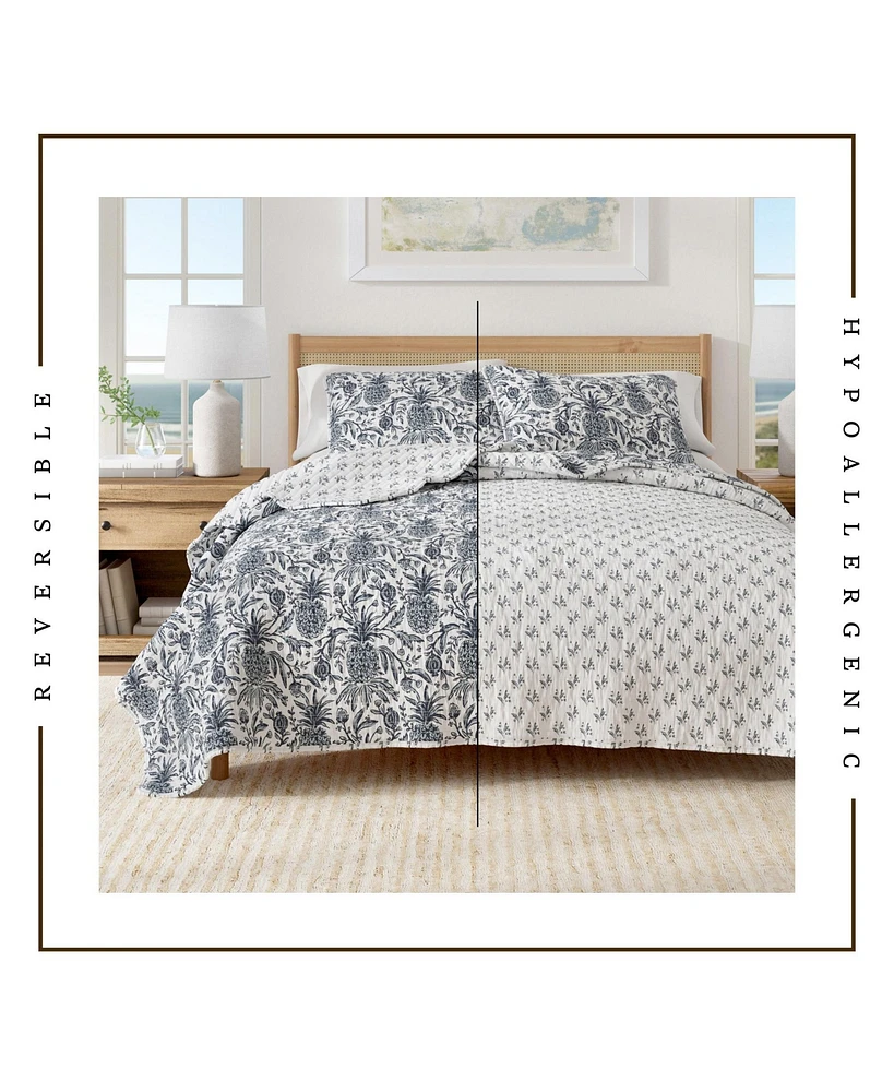 Linery & Co. Cotton Stitched Reversible Coastal 3 Piece Quilt and Sham Set