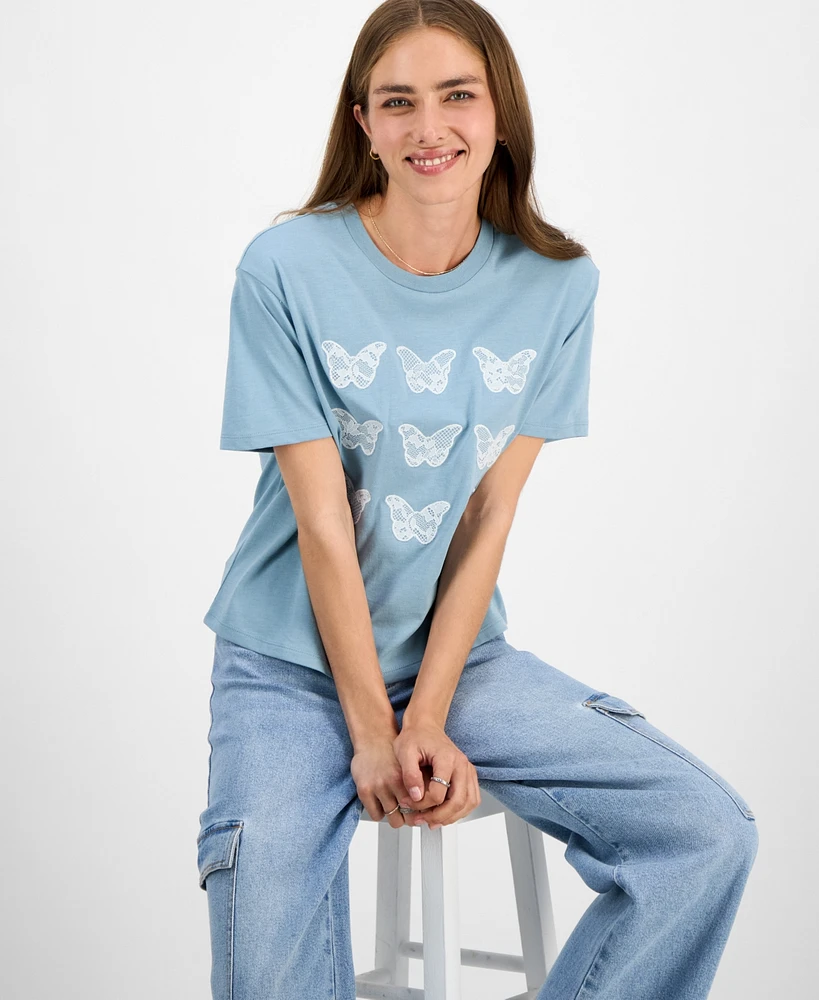 Rebellious One Juniors' Lace Applique Butterfly T-Shirt