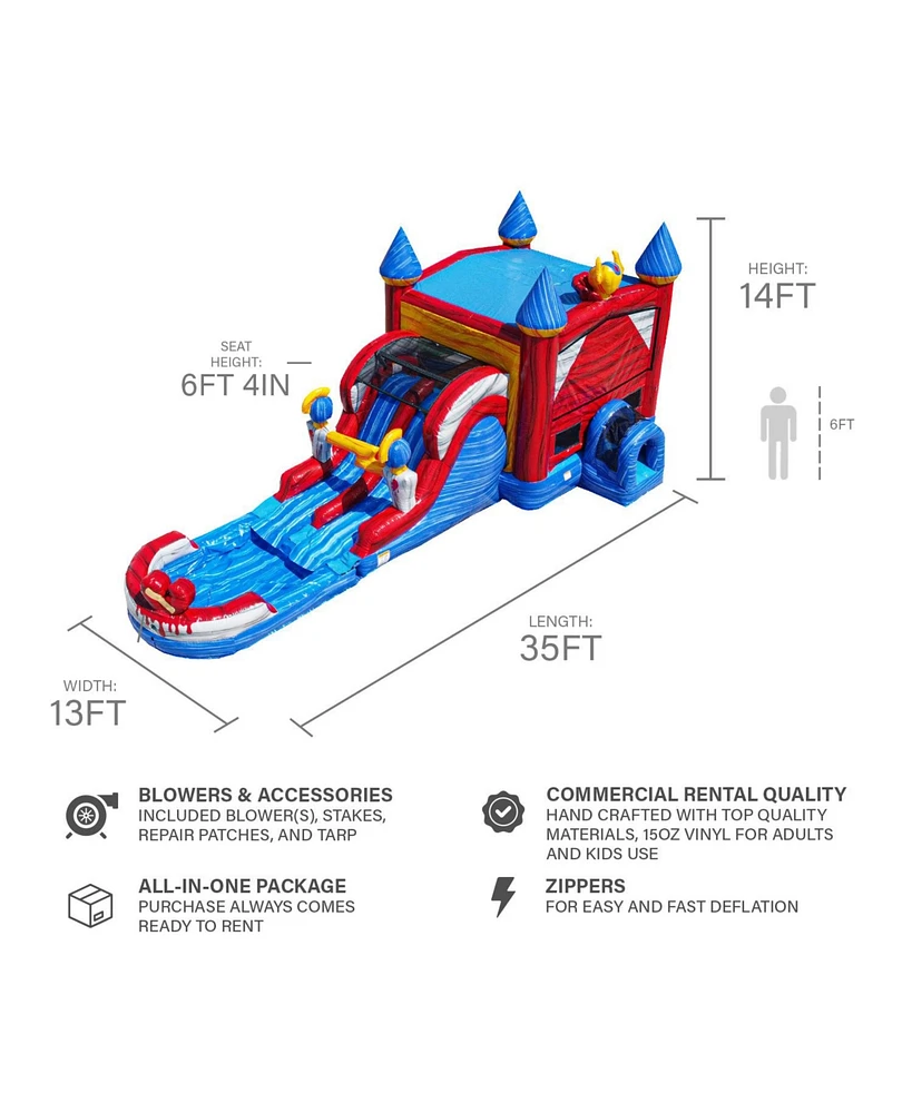 JumpOrange Queen Commercial Grade Bounce House Water Slide with Dual Lane and Detachable Pool for Kids and Adults (with Blower), Tunnel Entrance, Bask