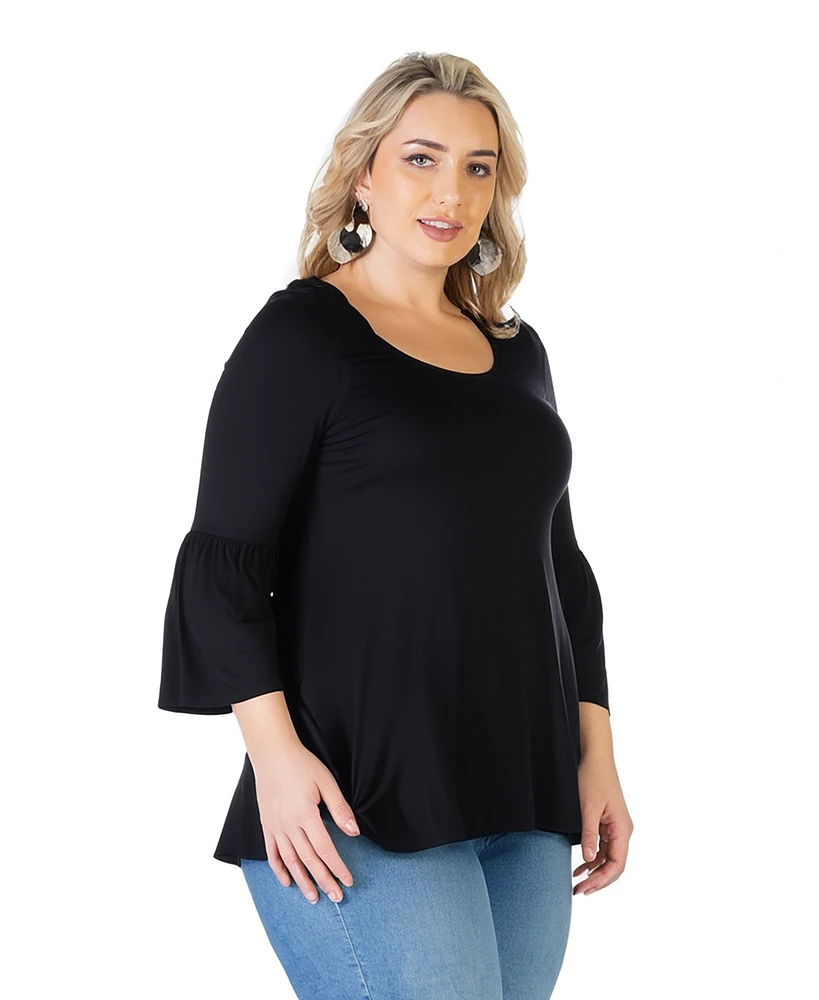 24seven Comfort Apparel Plus Long Bell Sleeve Flared Tunic Top