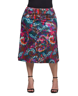 24seven Comfort Apparel Plus Print Comfortable Elastic Waist Knee Length Skirt