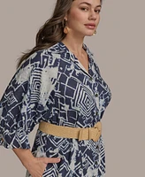 Donna Karan New York Plus Printed Belted 3/4-Sleeve Shirt Dress