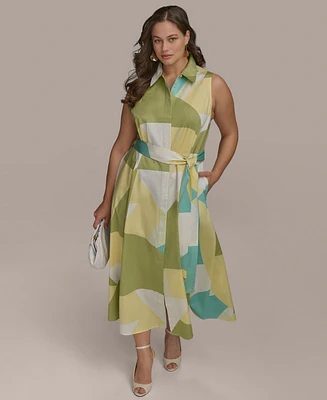 Donna Karan New York Plus Size Printed Tie-Waist Sleeveless Shirtdress