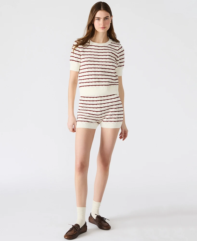 Steve Madden Women's Norris Striped Pointelle Short-Sleeve Sweater