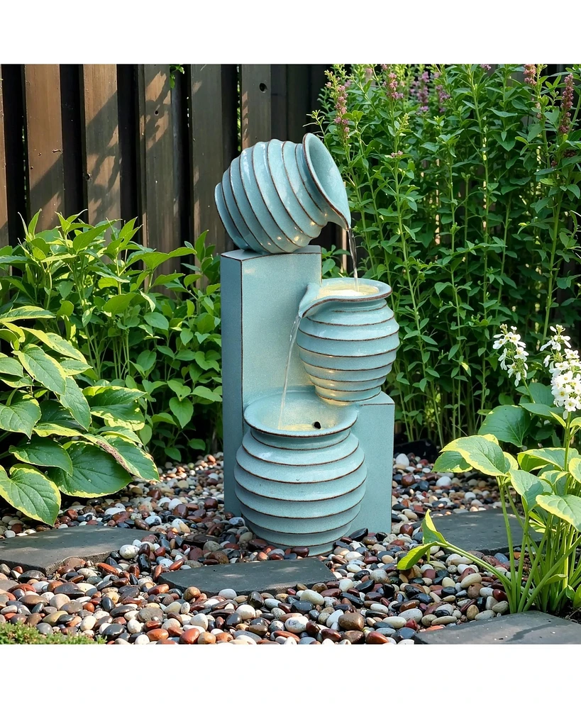 LuxenHome Aqua Blue 3-Tier Bowls 2.5-Feet Tall Outdoor Polyresin Fountain with Lights
