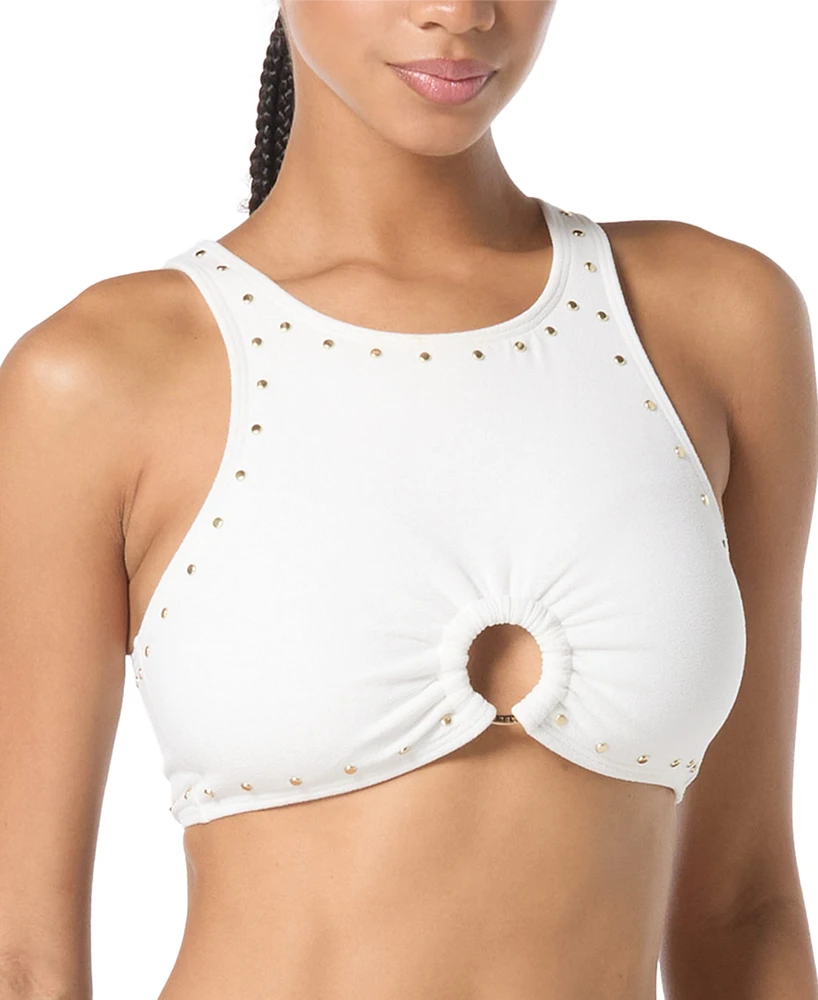 Michael Kors Women's Crepe Front-Ring Studded Bikini Top