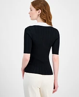 T Tahari Women's Split-Neck Contrast-Trim Sweater