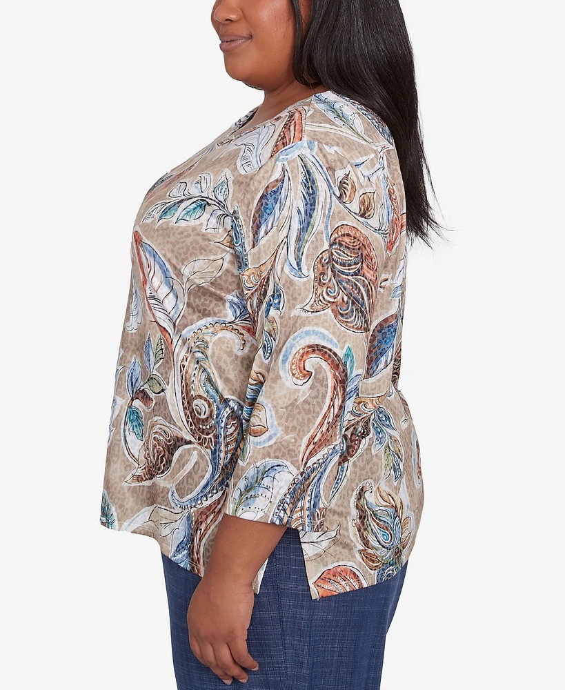 Alfred Dunner Plus Summer Solstice Twisted Crew Neck Paisley Top