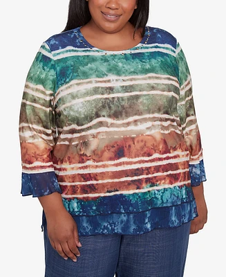 Alfred Dunner Plus Summer Solstice Tie Dye Striped Biadere Crew Neck Top