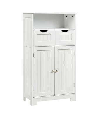 Gymax Bathroom Floor Cabinet Wooden Storage Organizer Side Cabinet W/2 Drawer 2 Doors