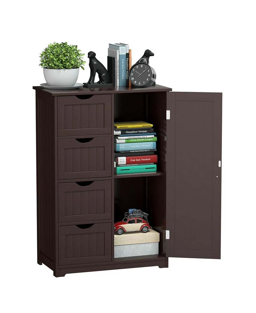 Gymax Bathroom Floor Cabinet Storage Organizer Cupboard w/ 4 Drawers Adjustable Shelf Brown