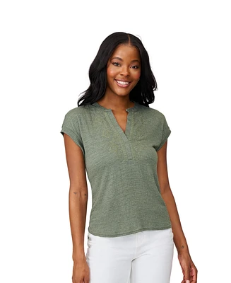 Cable & Gauge Women's Embroidered Crinkle Henley Top