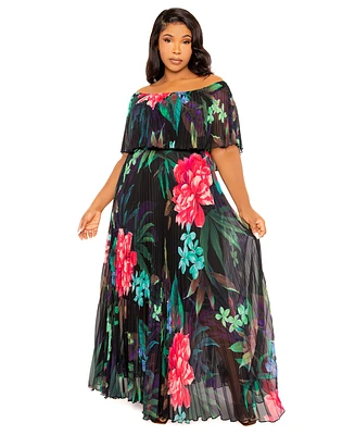 Buxom Couture Plus Size Floral Off Shoulder Pleated Maxi Dress