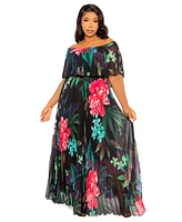 Buxom Couture Plus Size Floral Off Shoulder Pleated Maxi Dress