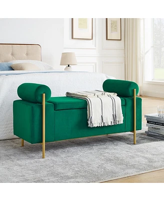 Upholstered Storage Bench with Cylindrical Armrests and Metal Legs Modern Rectangular Ottoman Seat for Bedroom Living Room or Entryway-The Pop Home