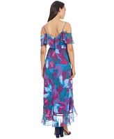 London Times Petite Printed Cold-Shoulder Ruffle Chiffon Dress