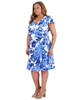London Times Plus Size V-Neck Side-Ruffle Dress