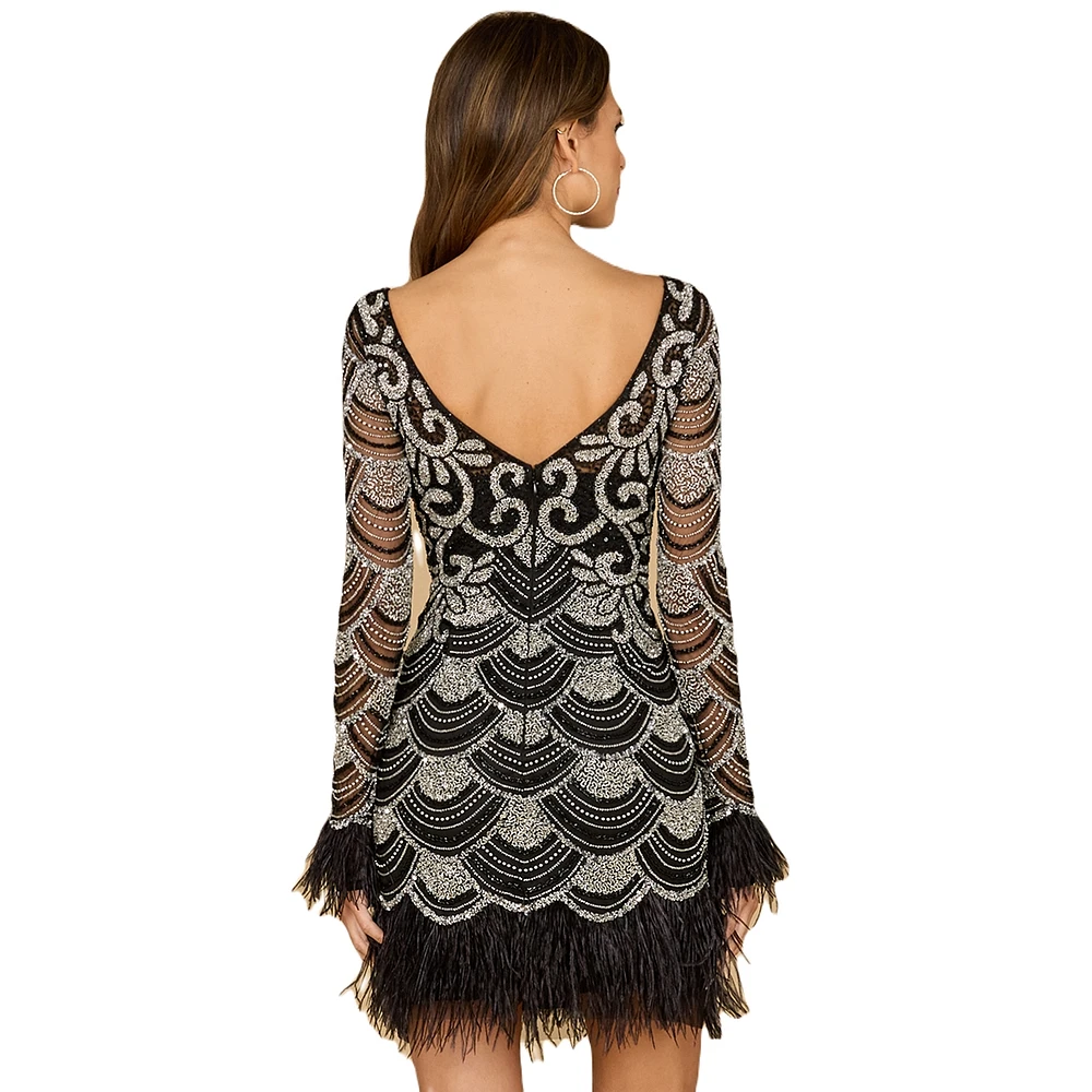 Lara Women's Beaded Short Dress with Feathers and Sleeves